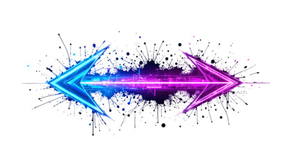 Two neon arrows pointing opposite directions Glowing vibrant color effect Ink splatters background Abstract design Vector illustration