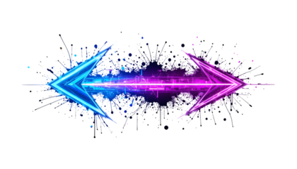 Two neon arrows pointing opposite directions Glowing vibrant color effect Ink splatters background Abstract design Vector illustration