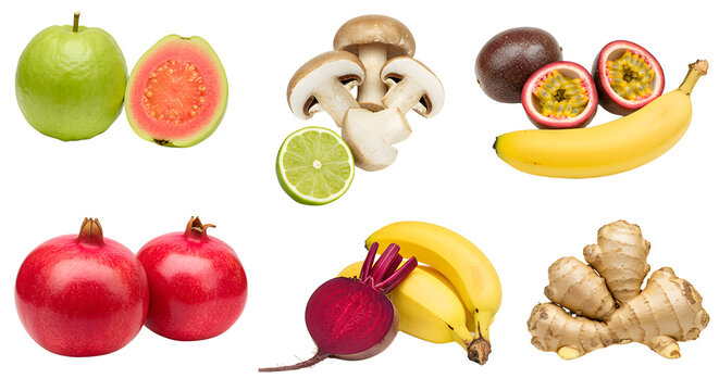 Fresh tropical and exotic fruits with vegetables on white background including guava, lime, passion fruit, banana, pomegranate, beetroot, ginger, and mushrooms - Powered by Adobe