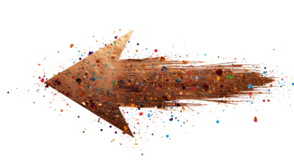 Brown arrow graphic design element with colorful paint splatters Abstract art style Isolated on white background