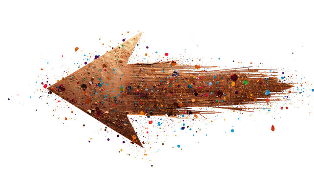 Brown arrow graphic design element with colorful paint splatters Abstract art style Isolated on white background