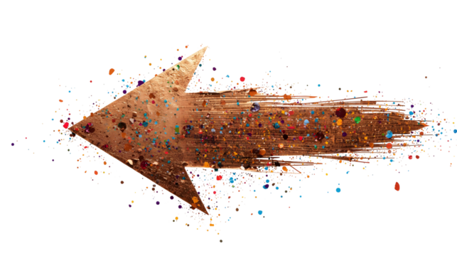 Brown arrow graphic design element with colorful paint splatters Abstract art style Isolated on white background