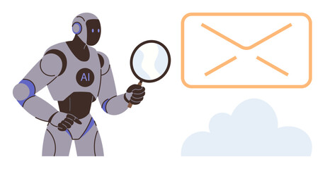 AI-powered robot holding a magnifying glass inspecting an envelope icon amid a cloud background. Ideal for artificial intelligence, communication, data analysis, technology, email monitoring, digital