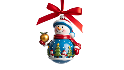 Charming ceramic snowman christmas ornament with red scarf and golden apple hanging isolated on transparent background