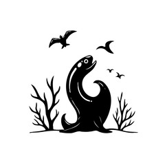 Stylized black and white seal illustration amidst birds branches nature in simplified cartoon