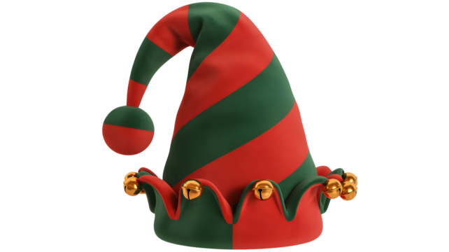 A festive red and green striped elf hat with a dangling pom pom and jingle bells isolated on transparent background
