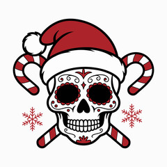 Christmas Sugar Skull with Santa Hat Illustration
