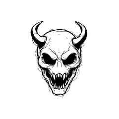 Stylized depiction of a horned skull evoking themes of darkness and malevolence in monochrome detail