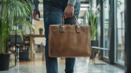 A man in a suit walking through an office hallway with a briefcase.