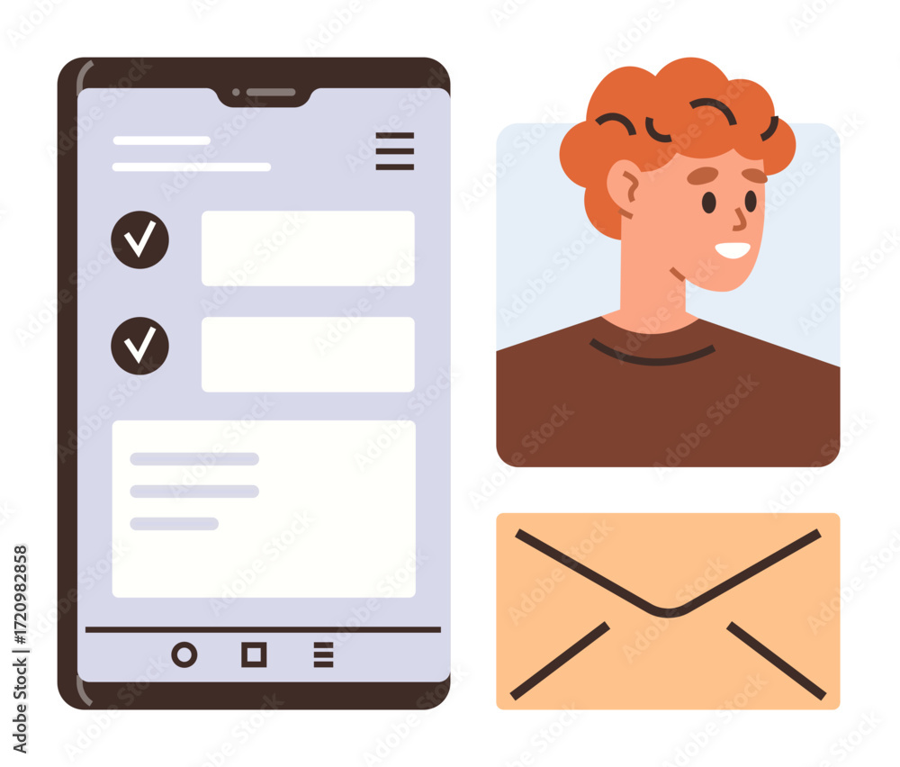 Poster smartphone interface with a task checklist, user profile image, and envelope icon for messaging. ide