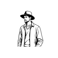 Stylized monochromatic portrait of a man in a hat and casual jacket exudes confident charm and