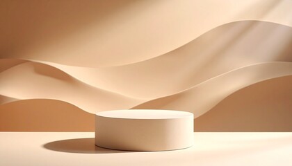 Minimalist product display with a beige cylinder podium on an abstract wavy background featuring soft light and shadows for a modern cosmetic showcase