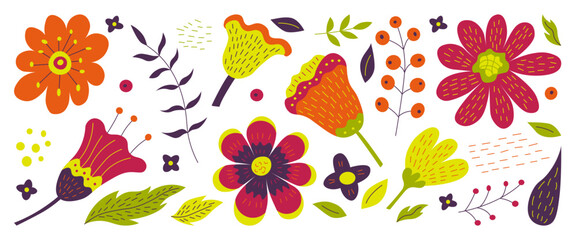 Hand-drawn set of colorful flowers, berries and leaves in funny botanical style. Perfect for design projects, invitations, cards, patterns, packaging and decoration. 