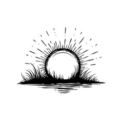 Sunrise over water, a simple black and white drawing evoking peaceful nature illustration and