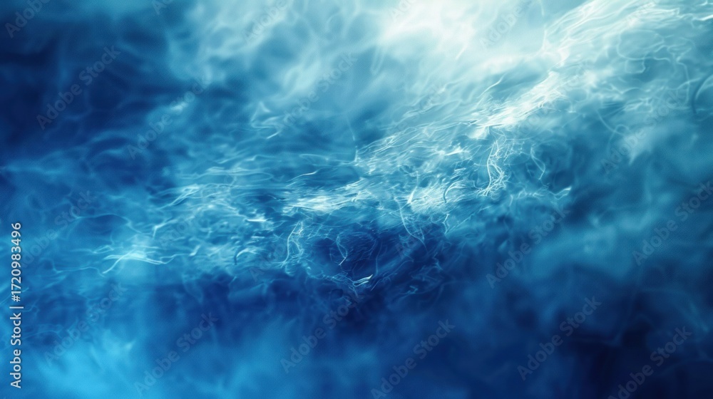 Poster a blue and white abstract background with a light source shining through the clouds.