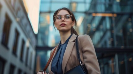A stylish woman in a beige coat and glasses, walking in front of a modern glass building.