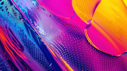 A vibrant, abstract digital artwork featuring a mix of neon colors and geometric shapes.