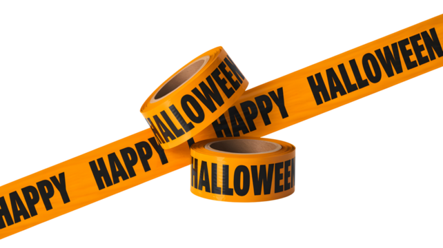 Orange halloween caution tape with black text reading happy halloween isolated on transparent background