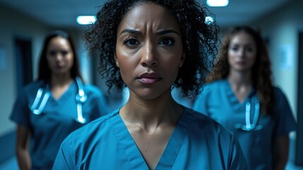 Fototapeta premium Portrait of diverse female nurses in scrubs, blurred background, Canon EOS R8 style 