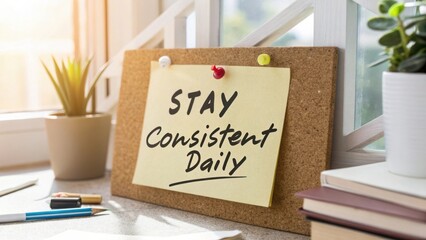 Inspirational note on cork board reminding to stay consistent with daily goals and actions in a bright workspace environment