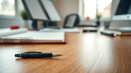 A single pen lying on a wooden desk with blurred background, professional workspace vibe.
