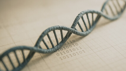 A detailed depiction of a DNA strand against a binary code background. A scientific symbol for innovation in the realm of biology.