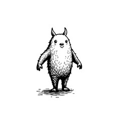 Whimsical Creature Standing Illustration with Furry Texture and Tiny Horns on White Background