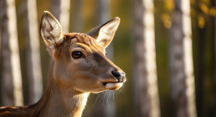 Close up portrait of a young deer in a sunlit forest