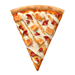 Delicious slice of pizza with creamy white sauce and cubes of meat on a white background, perfect for food blogs and culinary content