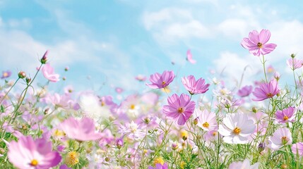 Obraz premium Vibrant Field of Wildflowers Under Bright Blue Sky with Soft Clouds and Gentle Breeze