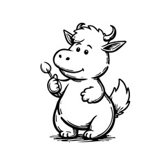 Whimsical hand drawn cartoon ox with friendly expression holding a small spoon and ready for a treat