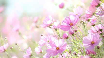 Fototapeta premium Delicate Pink Cosmos Flowers Blooming in a Sunlit Field with Soft Focus and Gentle Breeze