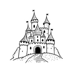 Obraz premium Whimsical hand drawn ink illustration of a fairytale castle with turrets and flags upon a hill