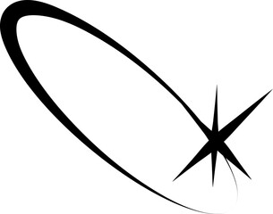 Stylized black shooting star with a dynamic elliptical swoosh trail and a fourpointed sparkle.