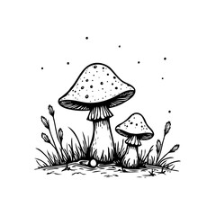 Whimsical monochrome drawing portraying a pair of forest mushrooms nestled amidst tall blades of