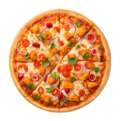 A close-up overhead view of a delicious whole pizza with chicken, cherry tomatoes, red onion, and fresh basil on a white background