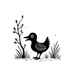 Whimsical vector illustration of a little bird standing amongst grass and a small sapling creates