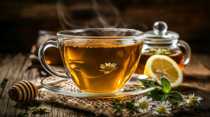 The image shows a glass cup of steaming amber tea with a chamomile flower, on a saucer with mint and chamomile, on a wooden table. A jar of honey and lemon slices add warmth. Soft lighting highlights 