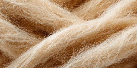 Fototapeta premium Golden beige wool fibers forming flowing textured textile background representing cozy handmade inspiration - AI generated