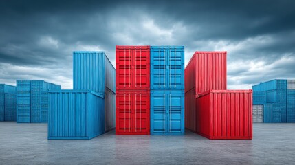 Colorful Shipping Containers Stacked Under Dramatic Cloudy Sky at Freight Yard