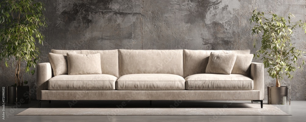 Poster a beige sofa with muted tones sits in front of a textured gray wall, adding a touch of elegance to a