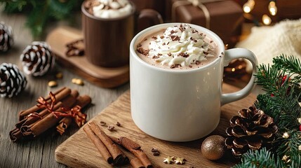 Cozy Winter Drink with Whipped Cream, Chocolate Shavings, Cinnamon Sticks, and Festive Decorative Elements