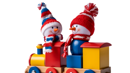 Two cheerful snowman figures wearing festive striped hats and scarves riding on a colorful toy train isolated on transparent background