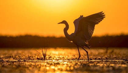 Heron silhouette at golden sunrise