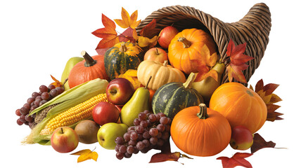 Abundant harvest cornucopia overflowing with colorful autumn fruits and vegetables isolated on transparent background
