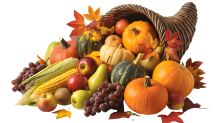 Abundant harvest cornucopia overflowing with colorful autumn fruits and vegetables isolated on transparent background