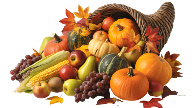 Abundant harvest cornucopia overflowing with colorful autumn fruits and vegetables isolated on transparent background