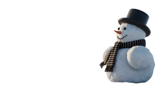 A cheerful snowman wearing a black top hat and a striped scarf stands proudly isolated on transparent background - Powered by Adobe