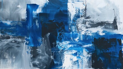 A blue and white abstract painting with a mix of brush strokes and shapes.