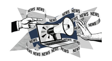 Illustration depicting the spread of news through technology, with hands pointing and blocking the information.